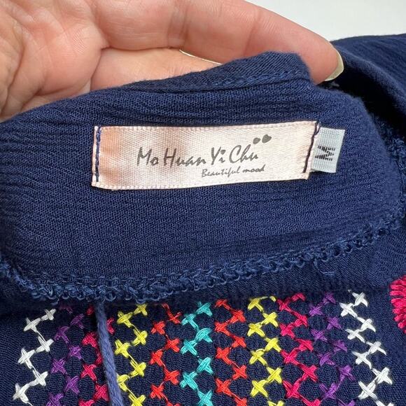 BOHO BLOSSOM MAXI CREPE Linen Blend Gauzy DRESS NAVY Floral EMBROIDERY Medium - Picture 10 of 13